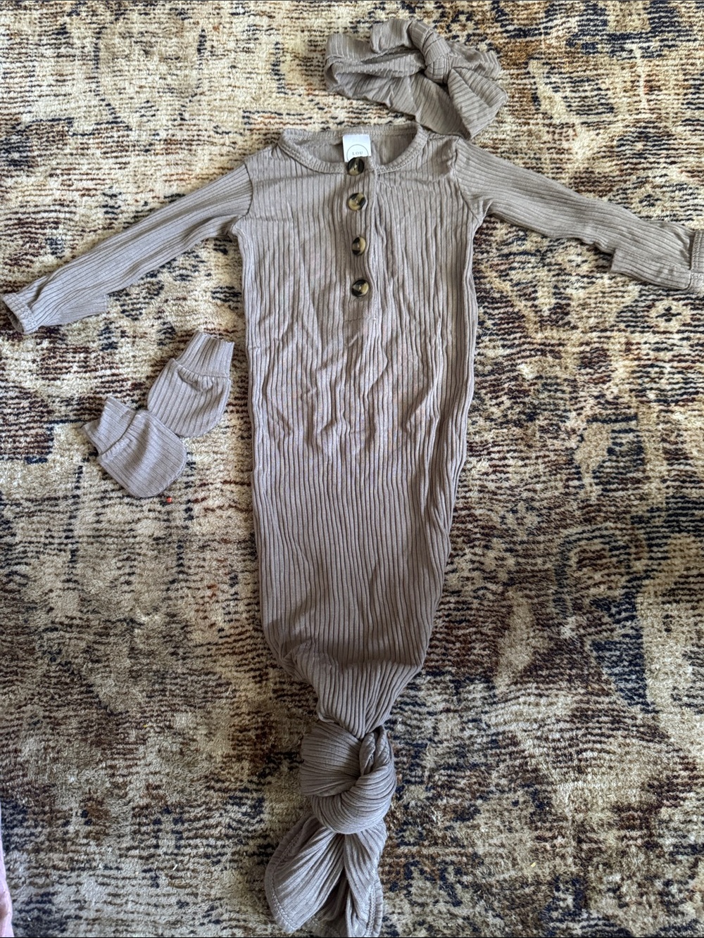 Lou Lou & Company Taupe Ribbed Knotted Gown with Headband and Mittens